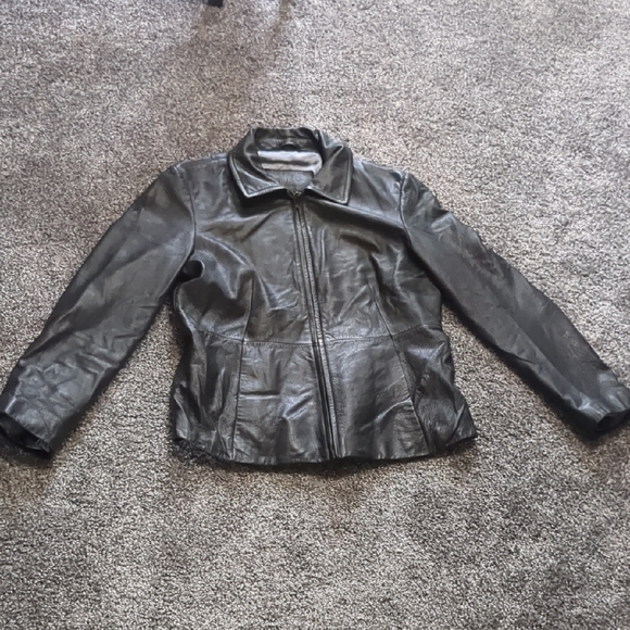 Guess Sz Large L Black Genuine Leather Zip Jacket Nice 🍂 Fall - Picture 1 of 11
